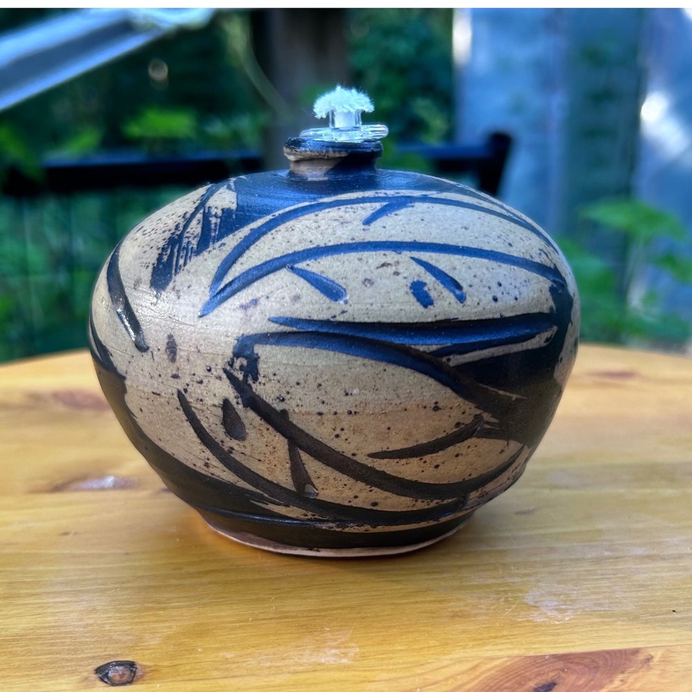 Vintage Stoneware Oil Lamp Handcrafted Abstract Botanical Signed Studio Pottery